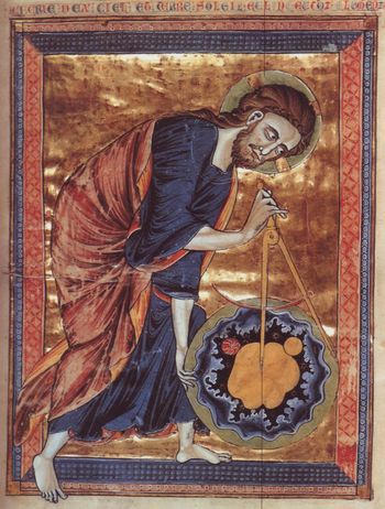 Dio Padre misura il mondo con il compasso, 1220, Miniatura dalla Bibbia moralizzata, Österreichische Nationalbibliothek,Vienna.