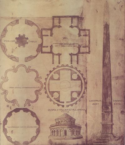 Cinque piante di edifici a schema centrale e l’obelisco vaticano, Giuliano da Sangallo, Città del Vaticano, Biblioteca Apostolica Vaticana