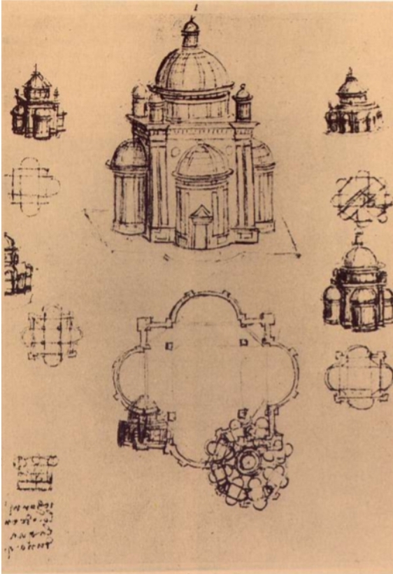 Studi di templi centrici, Leonardo da Vinci, Bibliothèque Institut de France, Parigi.
