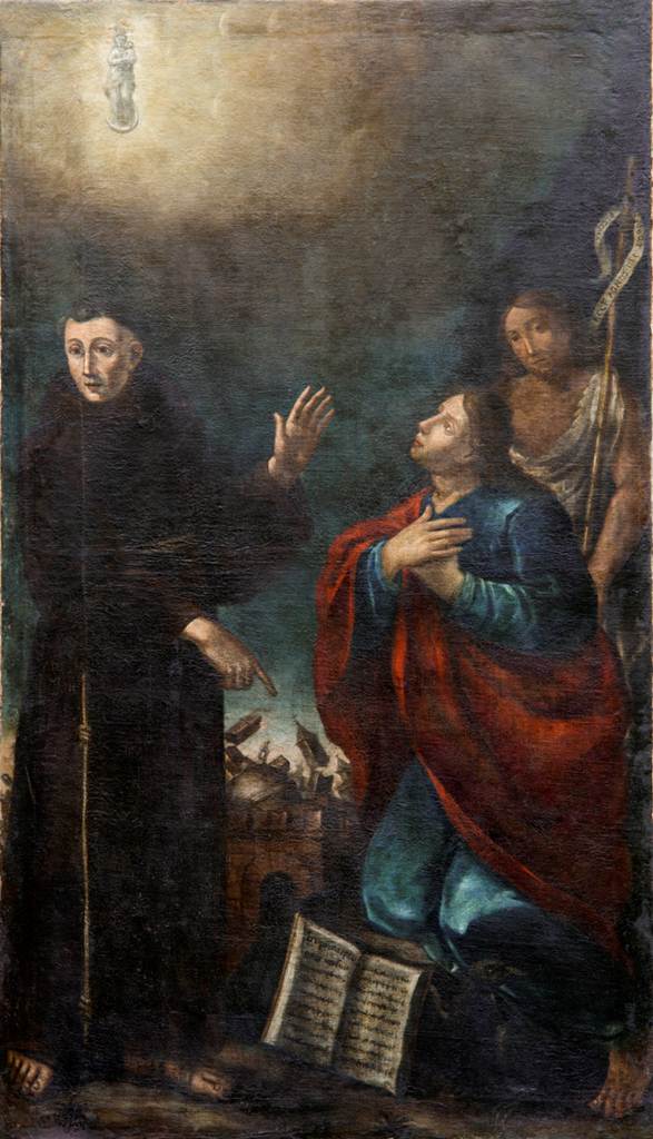 Giovanni Battista Tinti, San Francesco Solano indica un terremoto accanto ai santi Giovanni Evangelista e Giovanni Battista, 1570, Pinacoteca comunale di Cento Giovanni Battista Tinti, San Francesco Solano indica un terremoto accanto ai santi Giovanni Evangelista e Giovanni Battista, 1570, Pinacoteca comunale di Cento